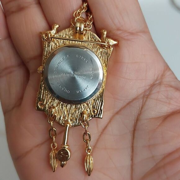 W Lind Gold Tone CZ Stones Art Deco Birds House Watch Brooch Pendant Necklace - Picture 3 of 6